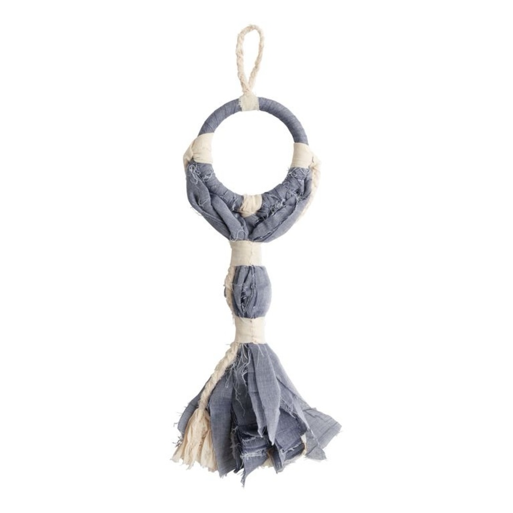 NWT World Market Silaiwali Blue And Ivory Upcycled Fabric Hanging Decor Fringe